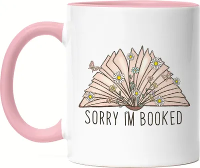 Produktbild von Sorry I'm booked Tasse Rosa Leseratte Bücherwurm Lustiges Motiv mit Büchern Geschenkidee