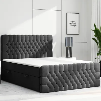Produktbild von Boxspringbett FERRARA mit Bettkasten 180 x 200 cm Webstoff Schwarz Bett Bettkasten und Fußteil Chesterfield - Optik