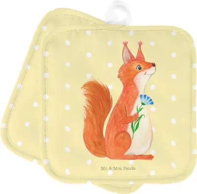 Produktbild von Mr. & Mrs. Panda 2er Set Topflappen Eichhörnchen Blume - Gelb Pastell - Geschenk, Motivation Sprüche, Gute Laune, Tiermotive, Topfhandschuh, Spruch Deko, Eichhorn, Tiere