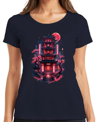 Productafbeelding van Cyberpunk Pagode Neon Stad Kersenbloesems Japan Retro Y2K Synthwave Dames T-shirt, Marineblauw, Maat S