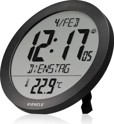 Immagine prodotto di Orologio da tavolo radiocontrollato Kienzle con indicatore di temperatura, display da 18,7 cm, ora DCF, data, 2 sveglie, funzione snooze, nero