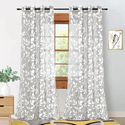 Immagine prodotto di Tende oscuranti Unyqoos® grigie con motivo a foglie – Set da 2, 140x225 cm, semitrasparenti, in poliestere, ideali per soggiorno e camera da letto