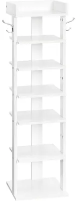 Zdjęcie produktu dla Półka na buty, 7-poziomowa, wąska, pionowa, z haczykami, wymiary: 28x28x105 cm, kolor: biały
