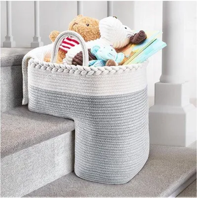 Image de Panier d'escalier en coton - pliable - gris-blanc - poignées - moquette et escaliers en bois