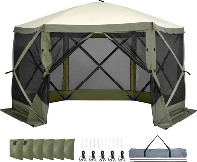 Image de SucceBuy Tente Pavillon Pop-Up, abri solaire à 6 côtés avec panneaux pare-vue amovibles et fenêtres en filet, 12x12FT Tente Quick-Set-Screen avec moustiquaire, vert armée