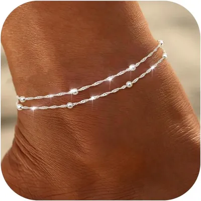 Image de Bracelet de cheville boho pour femme argent - Bijoux de pied d'été à double couche pour la plage et les vacances, cadeau élégant pour femme, J0676