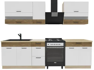 Produktbild von Küchenzeile 270 cm - FAVORIT B - Weiß Hochglanz und Sonoma Eiche - Arbeitsplatte Artisan Eiche - Einbauküche mit Metallbox Schubladen - Singleküche