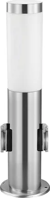 A product shot of a stainless steel bollard light with two outlets.