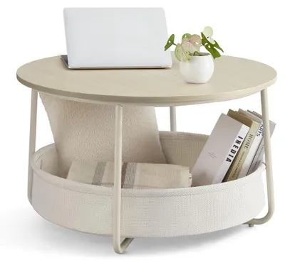 Productafbeelding van VASAGLE salontafel, rond, woonkamer, met mand van stof, metalen frame