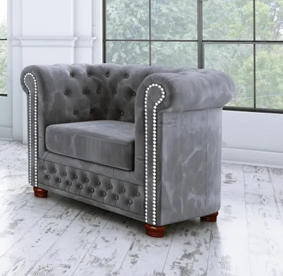 Produktbild von S-STYLE MÖBEL - Chesterfield Jutta Sessel aus Grau Samt-Stoff mit Holzfüßen, B/T/H: 94 cm/ 86 cm/ 72 cm