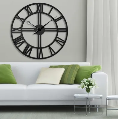 Produktbild von Groß wanduhr XXL ohne tickgeräusche LOFT Grande Schwarz Holz Holzoptik 80cm durchmesser römische Zahlen Wohnzimmer Schlafzimmer
