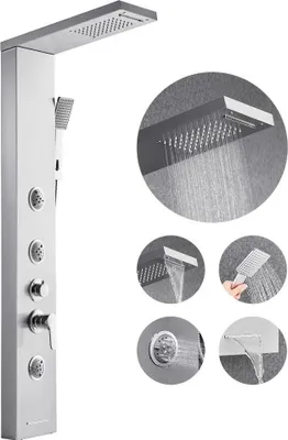 Zdjęcie produktu dla System wieży z panelem prysznicowym - Kolumna ze stali nierdzewnej z dyszą masującą głowicę deszczową - Wysokość 1345 mm - Kolumna prysznicowa z systemem prysznicowym