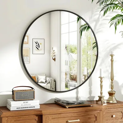 Produktbild von Koonmi runder Wandspiegel 80 cm, Metallrahmen, Schwarz