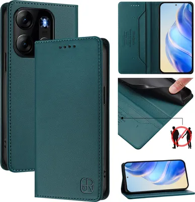 Produktbild von Lederhülle für Tecno Pop 7/Pop7 Pro/Spark Go 2023/Infinix Smart 7 Hülle Flip Brieftasche Kartenfächern Ständer Schutzhülle Dunkelgrün