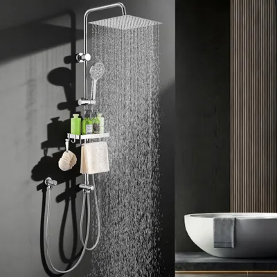 Produktbild von Homelody Duschsystem ohne Armatur, Duschset Duschsäule mit SUS304 Edelstahl Duschablage 30cm kopfbrause & Handbrause Quadratisch 3 Strahlarten Chrom