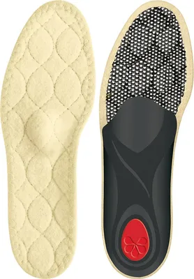 Two insoles are shown side-by-side against a white background. The left insole is a quilted beige fabric. The right insole is a black and grey structure with a red accent at the heel.