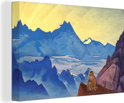Obrázek produktu pro OneMillionCanvasses® - Obrazy na plátně - 140x90 cm, Milarepa, rohatý - obraz Nicholase Roericha, nástěnný tisk Nástěnná dekorace - fotografie na plátně - malba na plátně