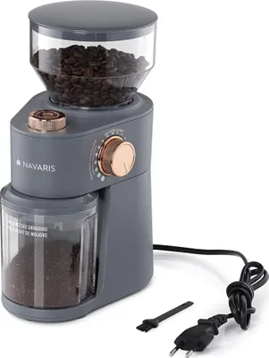 Immagine prodotto di Macinacaffè elettrico Navaris con macinino a disco in acciaio inox - 200W - fino a 14 tazze di caffè - 18 macine - Macinacaffè Grigio opaco Oro rosa