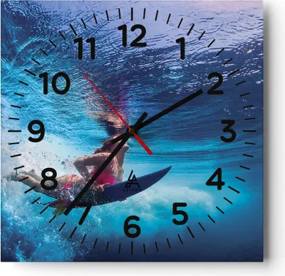 Produktbild von Wanduhr - Quadrat - Glasuhr - Surfen Frau Unterwasser - 40x40cm - Schleichendes Uhrwerk - Lautlos - zum Aufhängen bereit - Dekoration Modern - Wanddekoration aus Glas - C4AC40x40-4274