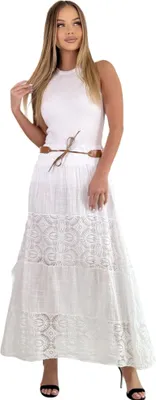 Produktbild von Mississhop Langer Baumwollrock mit Spitze & Gürtel 3094 Weiß