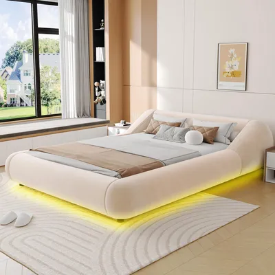 Image de Lit rembourré Merax 140x200 cm avec tête de lit incurvée, lit double en velours, structure de lit suspendue avec éclairage LED, couleur beige