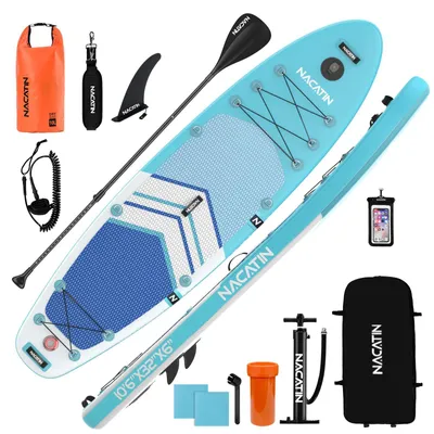 Produktbild von NACATIN Aufblasbares SUP Board 10'6" mit Zubehör, Rucksack, 10L wasserdichter Tasche, Handyhülle & Schultergurt, Himmelblau