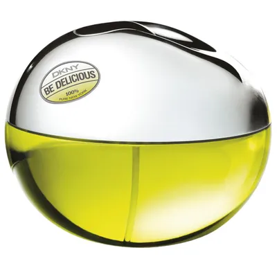 A close-up studio shot of a DKNY Be Delicious perfume bottle.