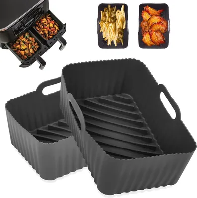 Produktbild von 2 Stück Heißluftfritteuse Zubehör - Silikon Backform für Heißluftfritteuse - 19.5x13x8cm - Wiederverwendbar - für Ninja AF300/AF400/DZ201 - Schwarz
