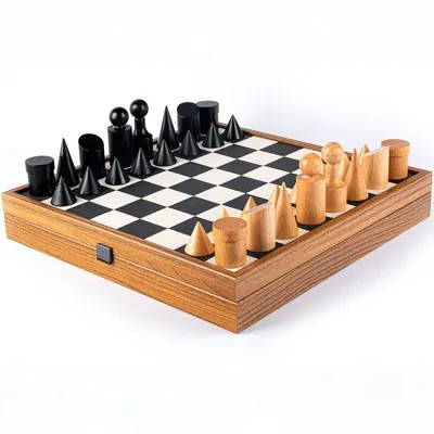 Produktbild von Handgefertigtes Bauhaus Schachspiel aus Holz und Kunstleder, 40 x 40 cm, KI-generiertes Bild