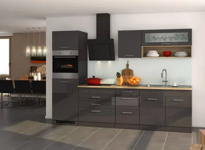 Produktbild von Küchenblock Mailand 290 cm grau hochglanz mit Glaskeramik Kochfeld Backofen Kühlschrank Dunsthaube und Spüle