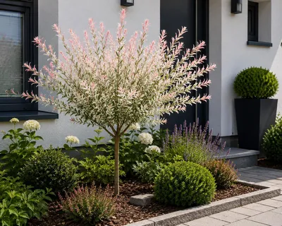 Obrázok produktu pre Vŕba harlekýnová, výška kmeňa 120–140 cm – Salix integra Hakuro Nishiki – okrasná vŕba, mrazuvzdorná, trvalka, s plytkou koreňovou sústavou, záhradná rastlina
