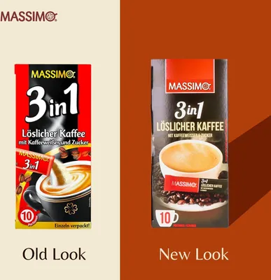 Produktbild von MASSIMO 3in1 Instant Kaffee mit Kaffeeweißer Zucker 16 Schachtel x 10 Sticks à 18g / Vorteilspack