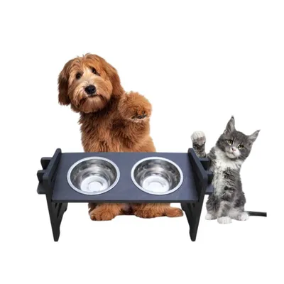 Produktbild von Futterstation aus Holz in Schwarz | höhenverstellbar | Erhöhter Futternapf für Hund und Katze