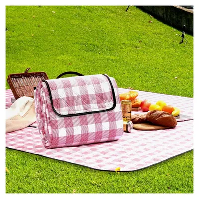 Produktbild von Wasserdichte Picknickdecke Groß Faltbar Strandmatte Campingdecke 200 x 200 cm mit 4 Eckschlaufen Outdoor-Teppich mit Tragegriff Karomuster Rot und Weiß