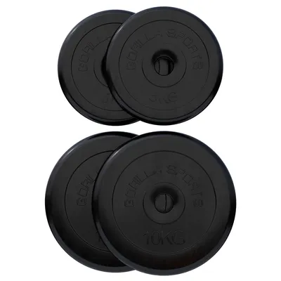 Produktbild von GORILLA SPORTS® Hantelscheiben - 30 kg - 2 x 5 - 2 x 10 kg Gewichte, 30/31mm Bohrung, Gusseisen, Gummiert, Schwarz - Gewichtsscheiben, Hantelset