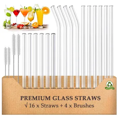 Produktbild von Glas Strohhalme Wiederverwendbar 20 Stück, 6 gerade kurz, 6 gerade lang, 4 gebogen, mit 4 Reinigungsbürsten, Transparent