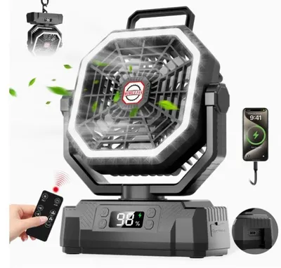 Produktbild von Camping Ventilator mit Licht - USB Zeltventilator - 20000 mAh Akku - 4 Geschwindigkeiten - Fernbedienung - tragbarer Outdoor Ventilator - schwarz