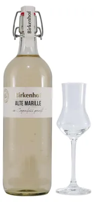 Produktbild von Birkenhof Alte Marille Obstbrand mit 6 x Gläsern
