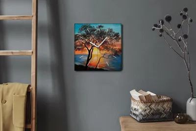 Produktbild von Coloray Hodiny Unikátní 30x30 cm  Tiché hodiny Pro obývací pokoj a kuchyň Nástěnné hodiny Plátno Bílé ručičky hodin - Západ slunce na stromě
