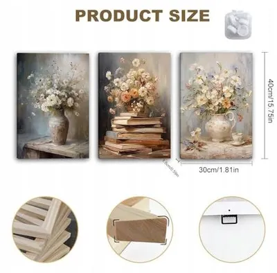 Zdjęcie produktu dla Obrazy ścienne vintage kwiatowe zestaw 3 szt płótno 40X30 cm