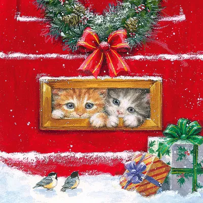 Produktbild von Servietten Papier 33x33cm Katzen an der Tür Motiv 20 Stück Rot / Bunt