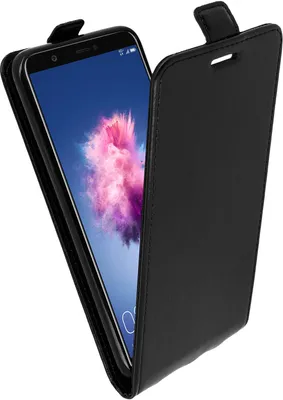 A black flip case for a smartphone is shown with the phone inside and the front cover open.