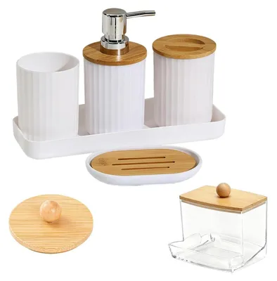 Produktbild von 6-teiliges Badezimmer Set Weiß mit Bambus, Seifenspender, Zahnbürstenhalter, Becher, Wattestäbchenbox, Seifenschale, Tablett
