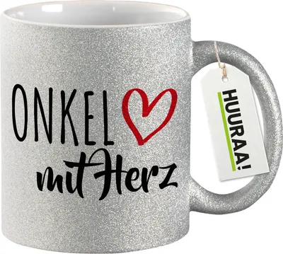 Produktbild von Huuraa Glitzertasse Onkel mit Herz 330ml Silber Keramik Kaffeebecher Geschenkidee