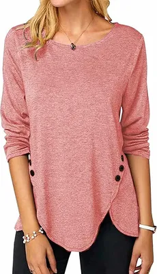 Produktbild von ASKSA Damen Langarm T-Shirt Rundhals Einfarbig Langarmshirt Lose Tunika Bluse Oberteile, Rosa, S