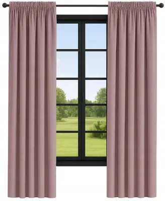 A pair of pink curtains hangs on a curtain rod in front of a window with a view of a green landscape.