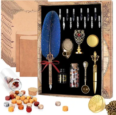 Produktbild von Kalligraphie-Stift Set mit Federn, Ersatzspitzen, Stifthalter, Umschläge, Umschlagpapier, Siegel