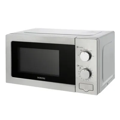 A silver microwave oven is shown from a three-quarter angle against a white background.