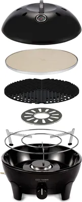 An exploded view of a camping grill, showing its individual components.