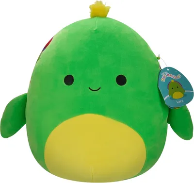 A green plush toy with a yellow belly and a yellow tuft on its head, with a tag attached.